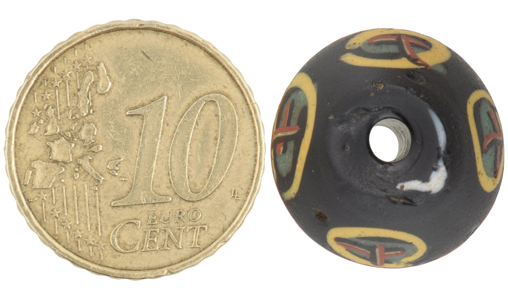 Rare Old Large Black Bicone Venetian Wound Glass Trade Bead - product focus