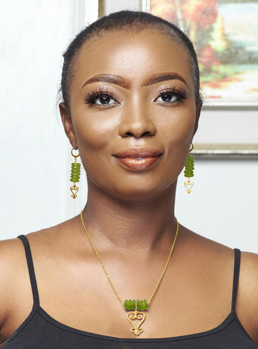 Handmade African Earrings & Pendant With Lime Green Beads & Sankofa Adinkra Symbol - alternate view