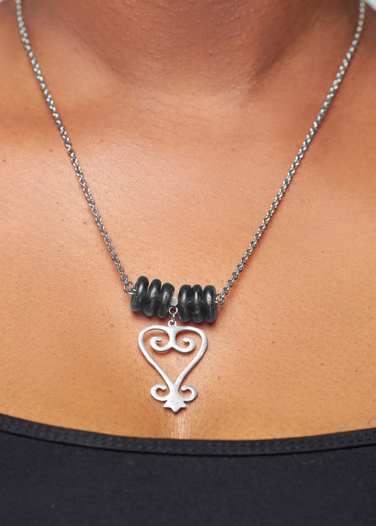 Handmade African Earrings & Pendant With Smoke Gray Beads & Adinkra Sankofa Symbol - alternate view