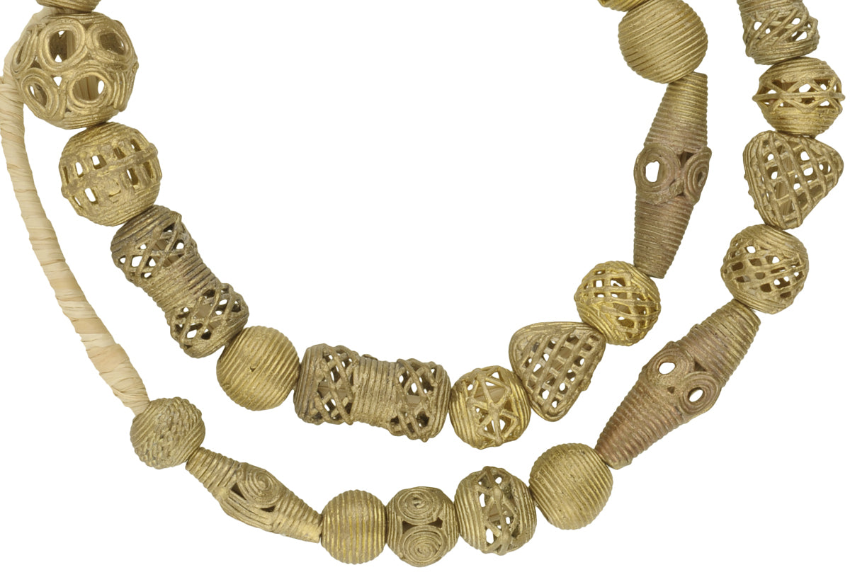 Authentic African Tabular Brass Beads From Ghana - 25" Strand Handmade - close-up