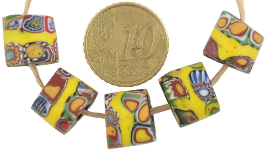 Rare Yellow Banded Millefiori Mosaic Glass Trade Beads, 12-13Mm - alternate view