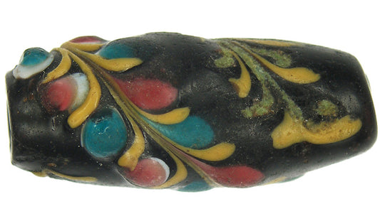 Rare Antique Black Floral Venetian Lampwork Trade Bead, 23X10Mm - alternate view