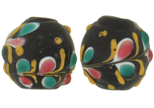 Rare Antique Black Floral Venetian Glass Trade Beads Pair - 12Mm - alternate view