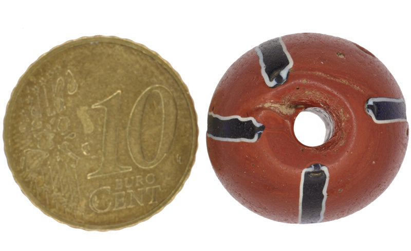 Large Striped Brick Venetian Wound Glass Trade Bead With Trail Decoration - close-up