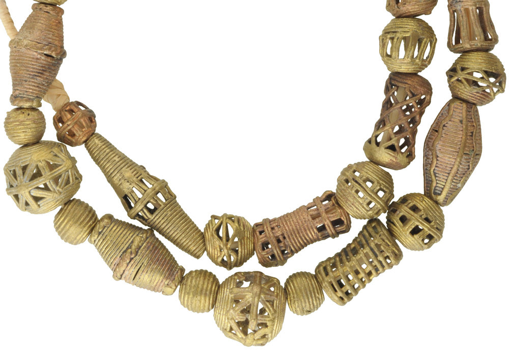 Handmade African Brass Beads Strand - 26" Ghana Lost Wax Technique - close-up