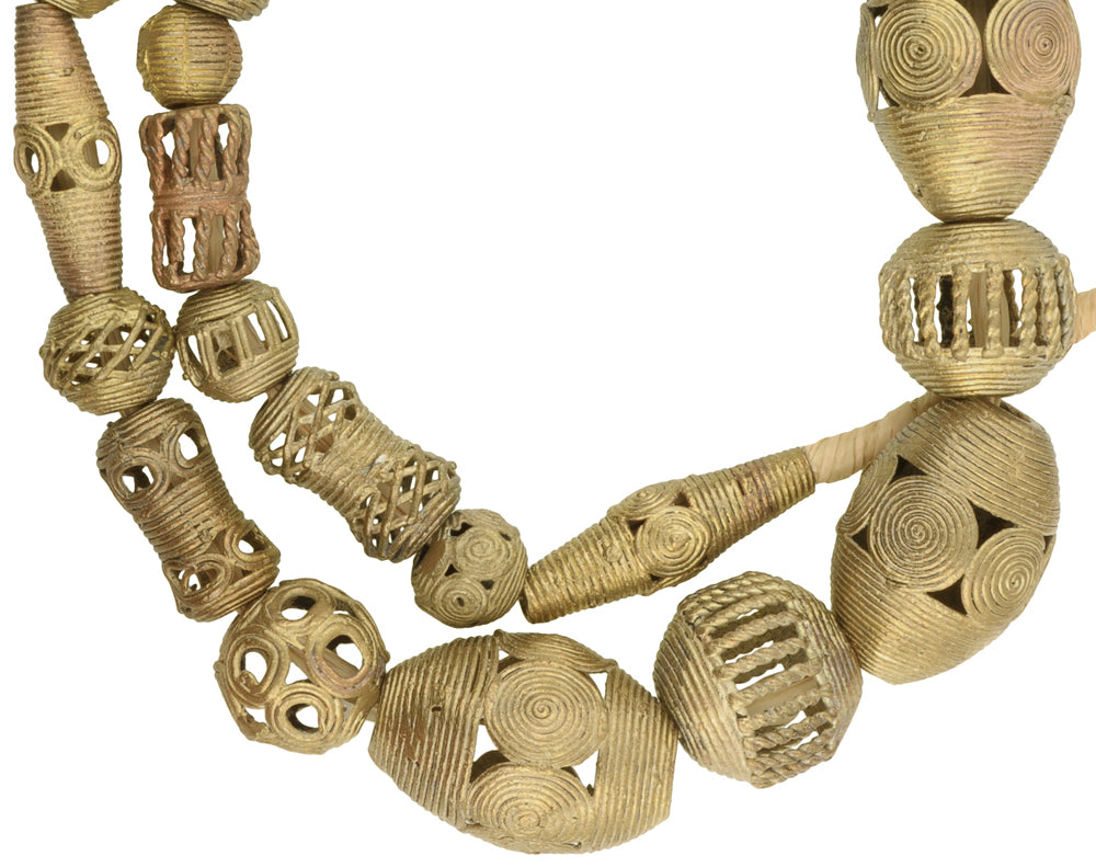 Authentic African Brass Beads Handmade In Ghana, 27.75" Strand - close-up