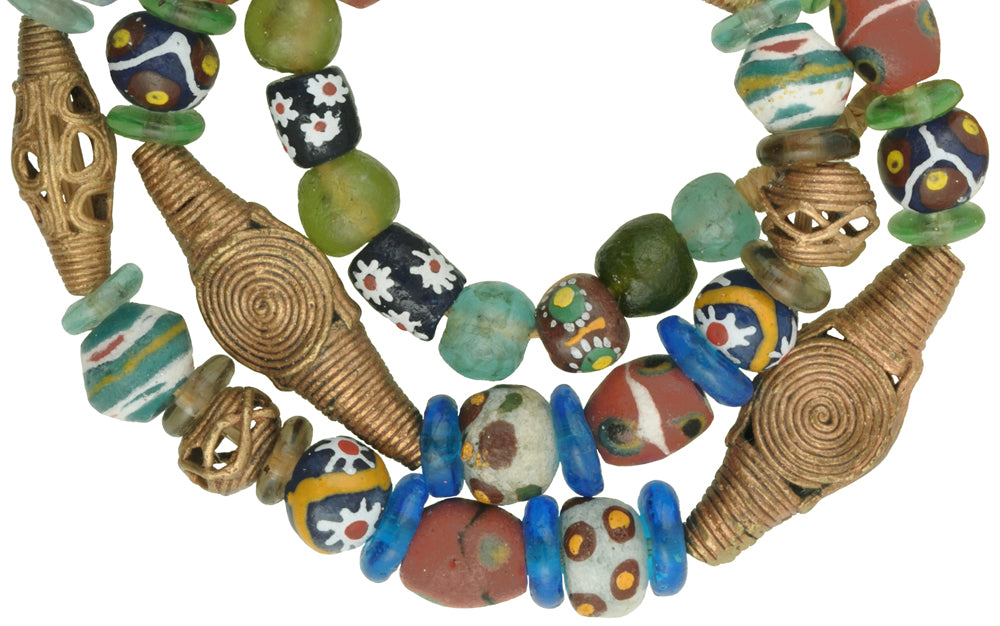 Mixed African Trade Beads: Krobo Glass & Brass Beads From Ghana - close-up