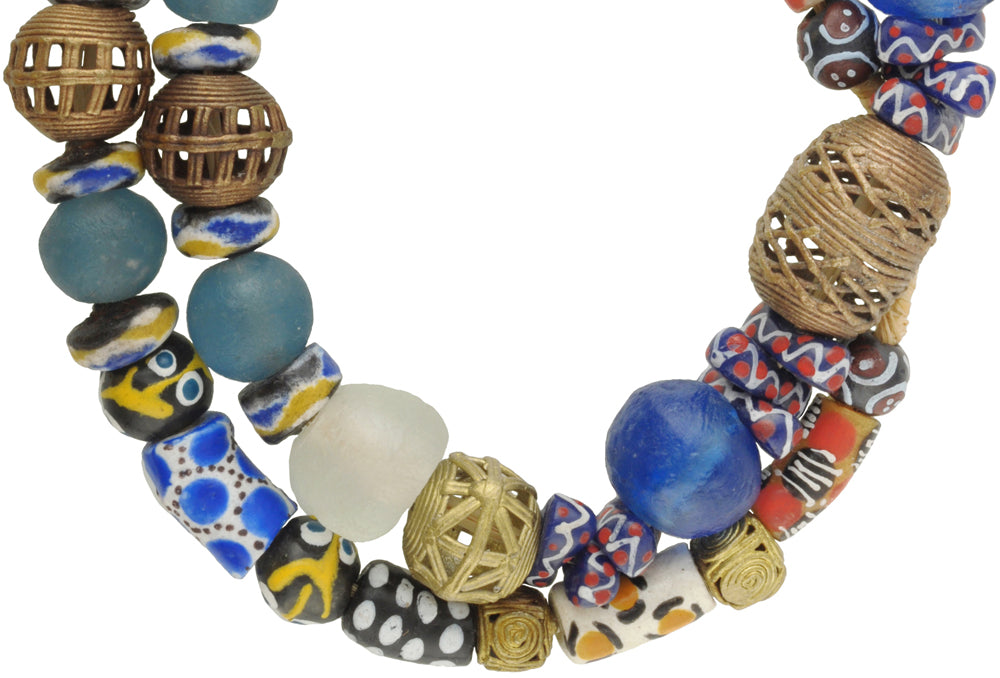 Mixed Krobo Glass & Brass Beads - African Trade Strand From Ghana - close-up