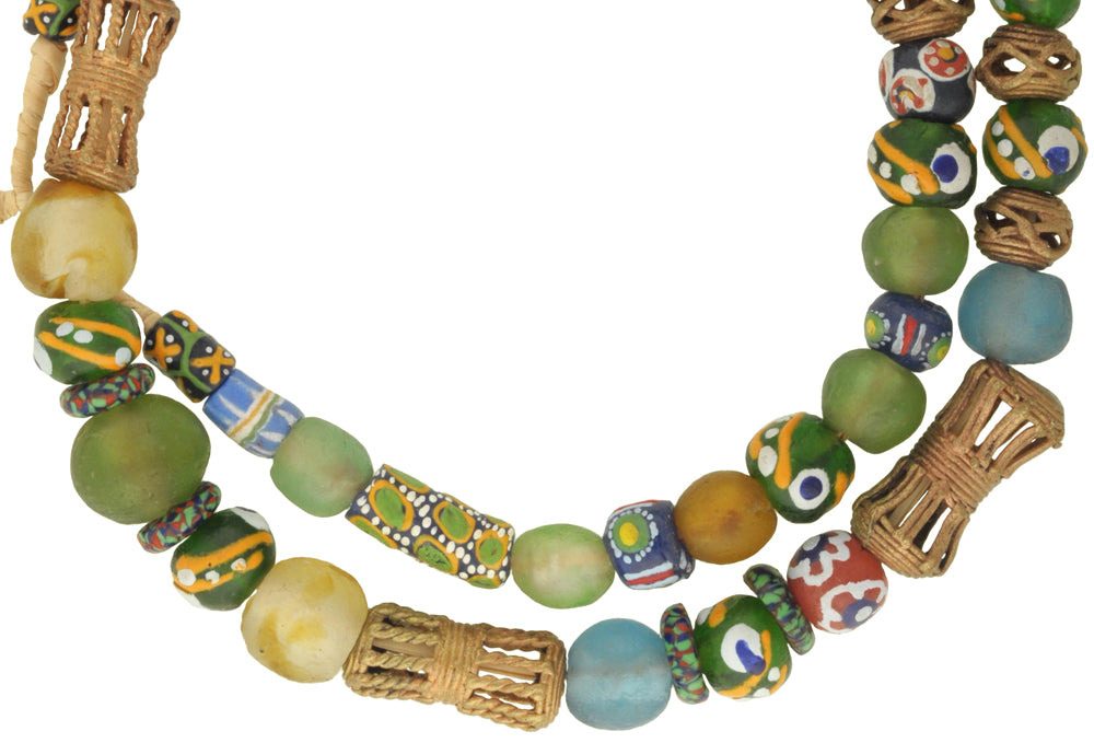 African Trade Beads: Krobo Glass & Lost Wax Brass Beads Strand - close-up