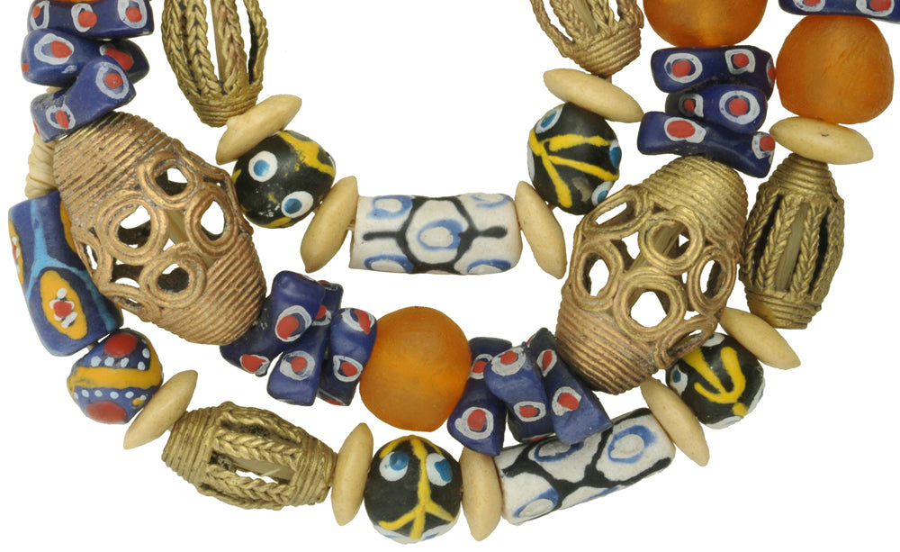 African Trade Beads Strand - Krobo Glass & Brass Beads From Ghana - close-up