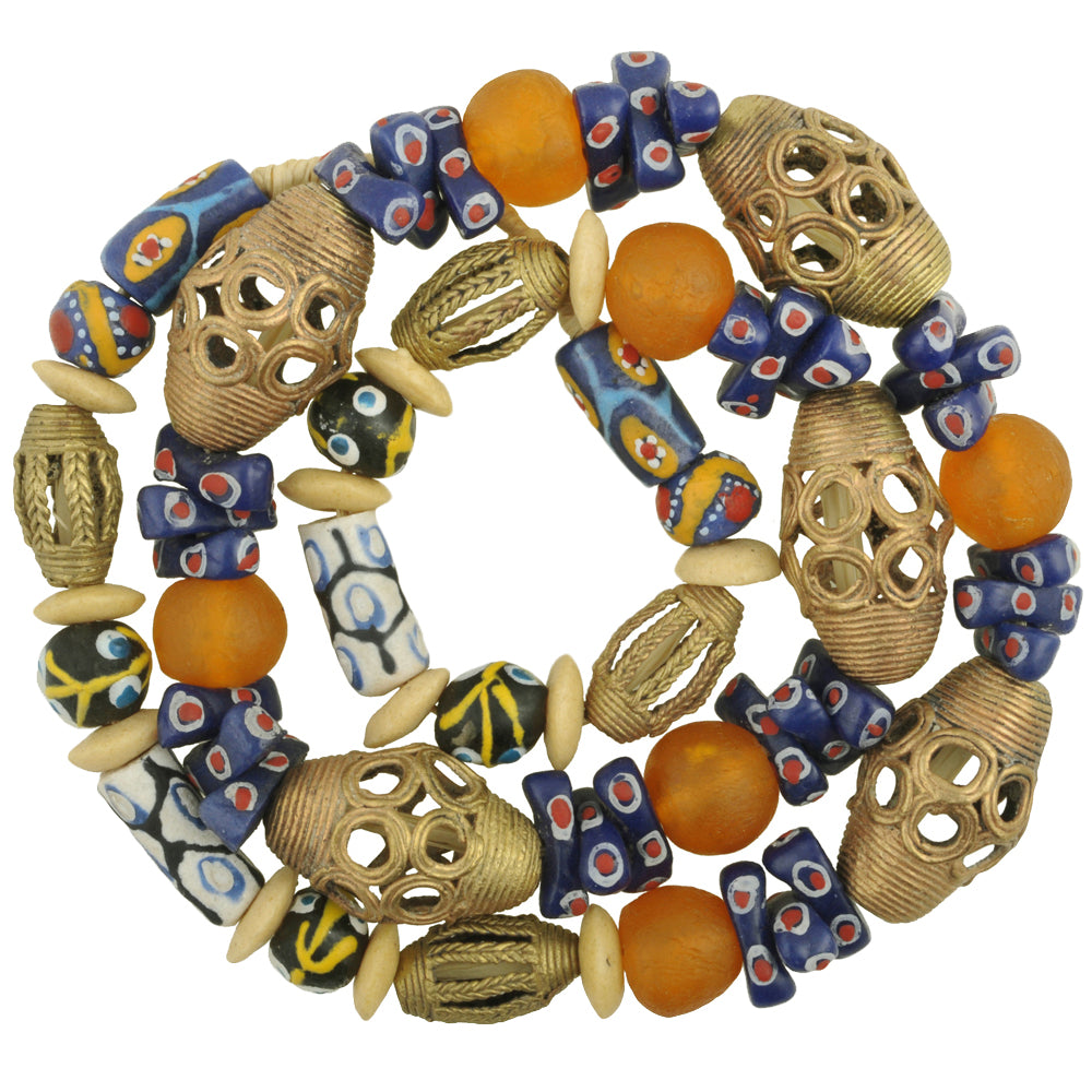 African Trade Beads Strand - Krobo Glass & Brass Beads From Ghana