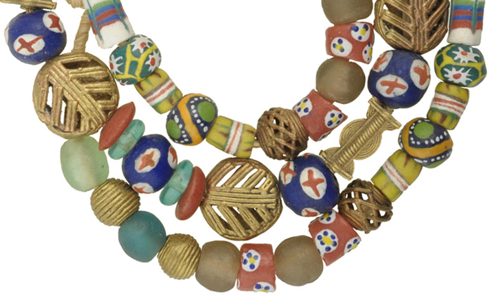 African Trade Beads: Krobo Glass & Brass Beads Strand 26.5" - close-up