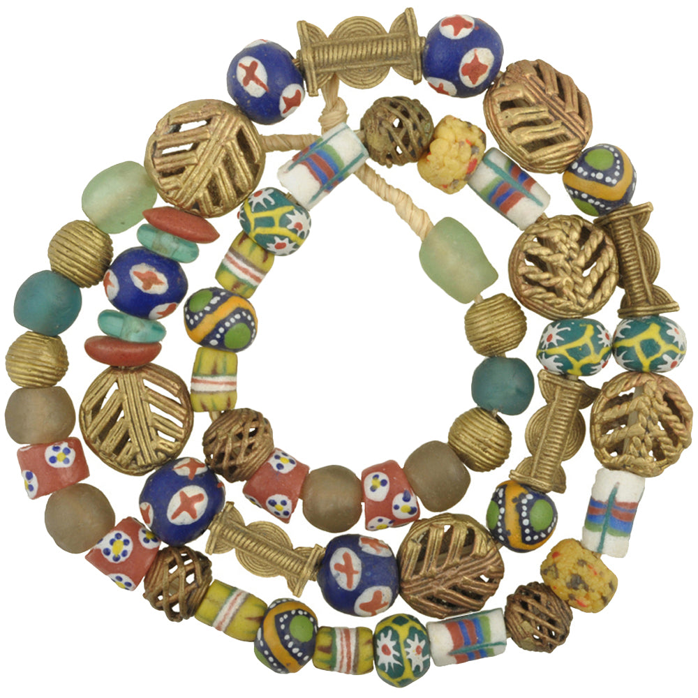 African Trade Beads: Krobo Glass & Brass Beads Strand 26.5"