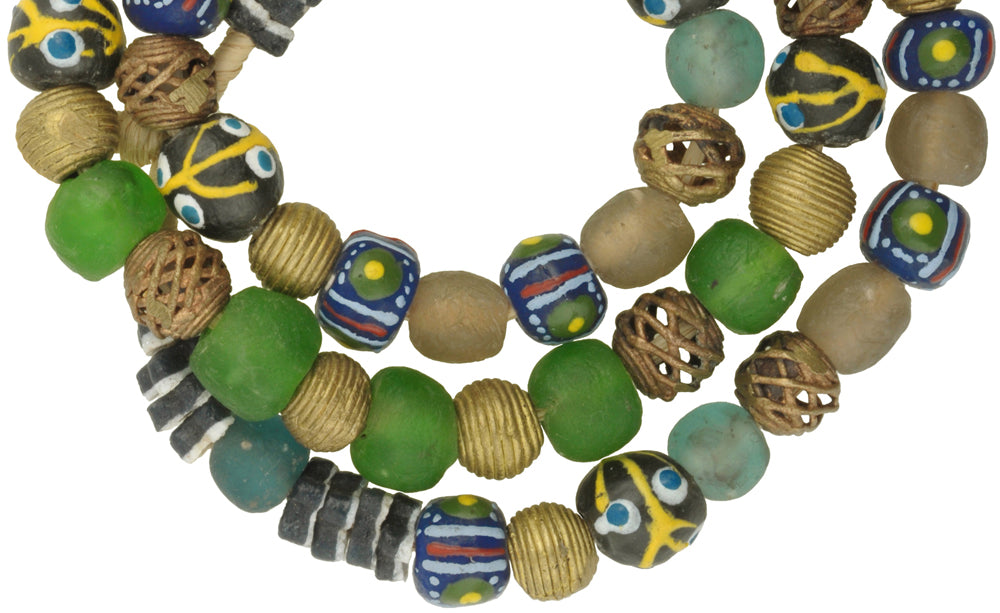 African Trade Beads: Krobo Glass & Brass Beads From Ghana 27.5" - close-up