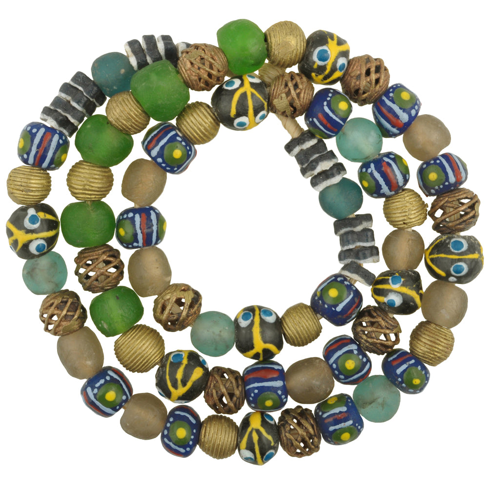 African Trade Beads: Krobo Glass & Brass Beads From Ghana 27.5"