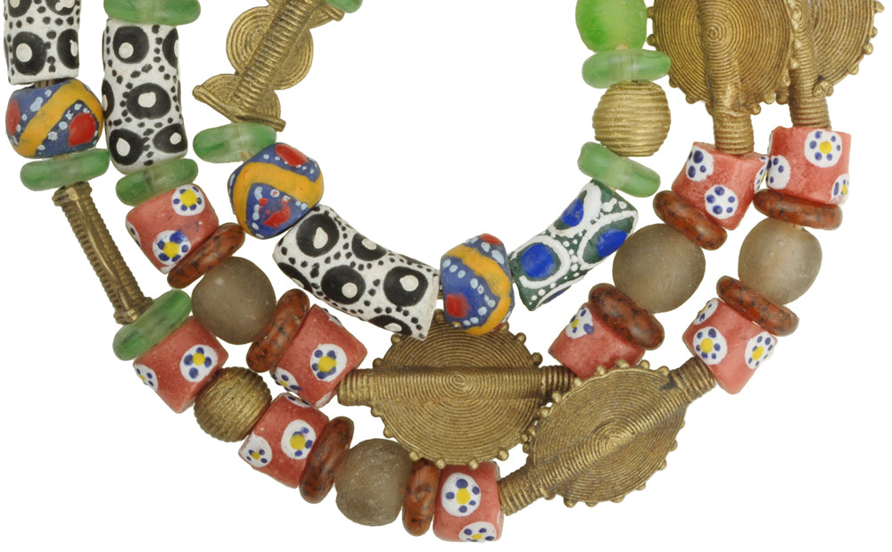 African Trade Beads: Krobo Glass & Brass Beads, 28" Strand - close-up