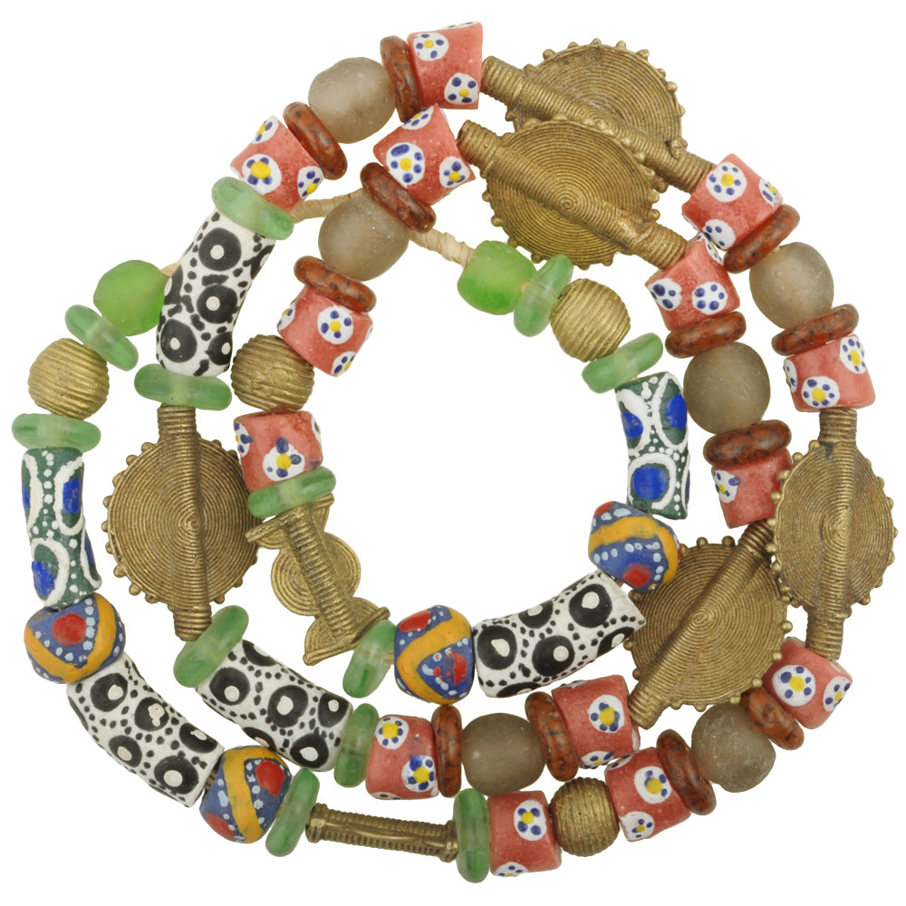African Trade Beads: Krobo Glass & Brass Beads, 28" Strand
