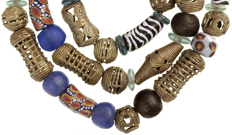 Mixed African Trade Beads - Krobo Glass & Brass, 10-15Mm - close-up