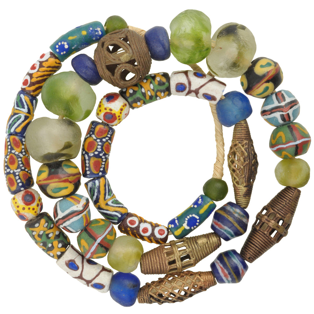 Krobo Glass & Lost Wax Brass Beads - Recycled African Trade Strand