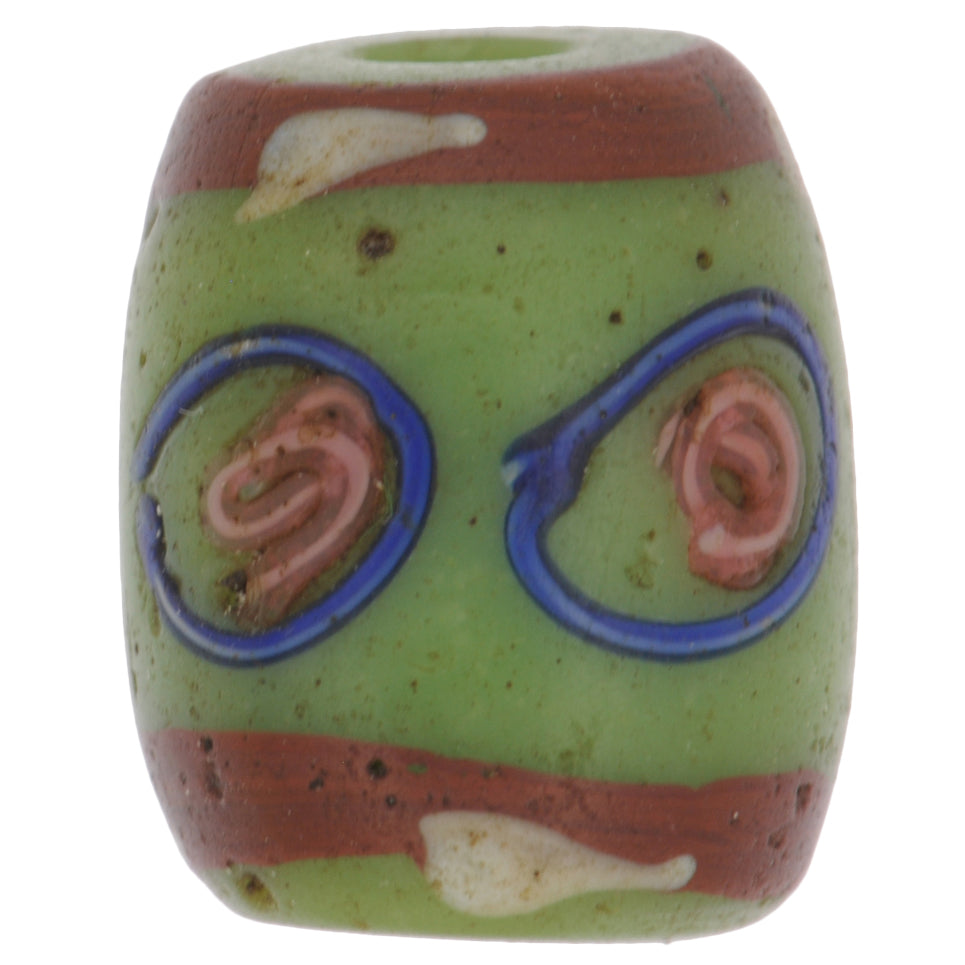 Rare Antique Green Fancy Venetian Glass Trade Bead - 13X11Mm