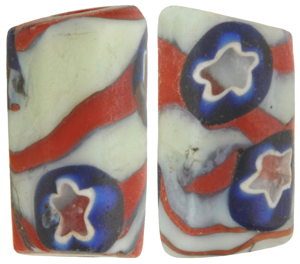 Rare Antique Venetian Millefiori Mosaic Trade Beads Pair, 16X9Mm - close-up