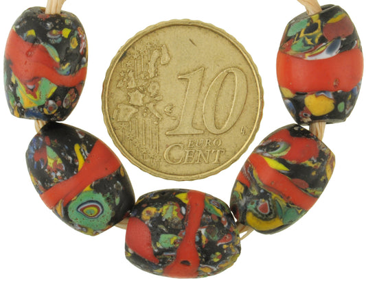 Antique Red Banded Oval Millefiori Mosaic Beads, Venetian Trade Glass - alternate view