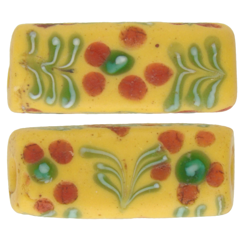 Rare Antique Rectangular Floral Fancy Venetian Wound Glass Trade Beads - angled shot