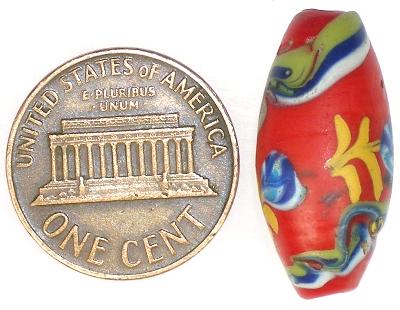 Rare Old Red "Floral" Venetian Lampwork Glass Trade Bead, 23X11Mm - zoomed-in detail
