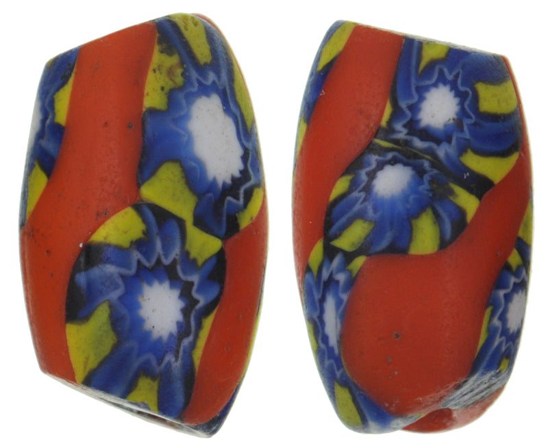 Rare Antique Oval Millefiori Venetian Mosaic Glass Trade Beads Pair - close-up