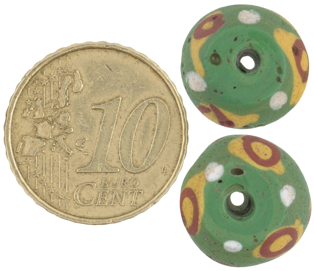 Rare Antique Green Bicone "King" Venetian Lampwork Glass Trade Beads - close-up