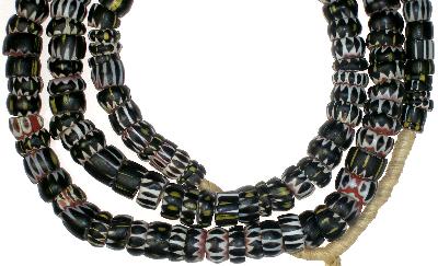 Old Strand Of Black 4-Layer Chevron "Yellow Jacket" Beads, 82Cm - close-up