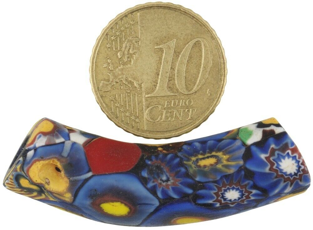 Old African Trade Bead Elbow Multimurrine Millefiori Venetian Mosaic Glass Bead - close-up