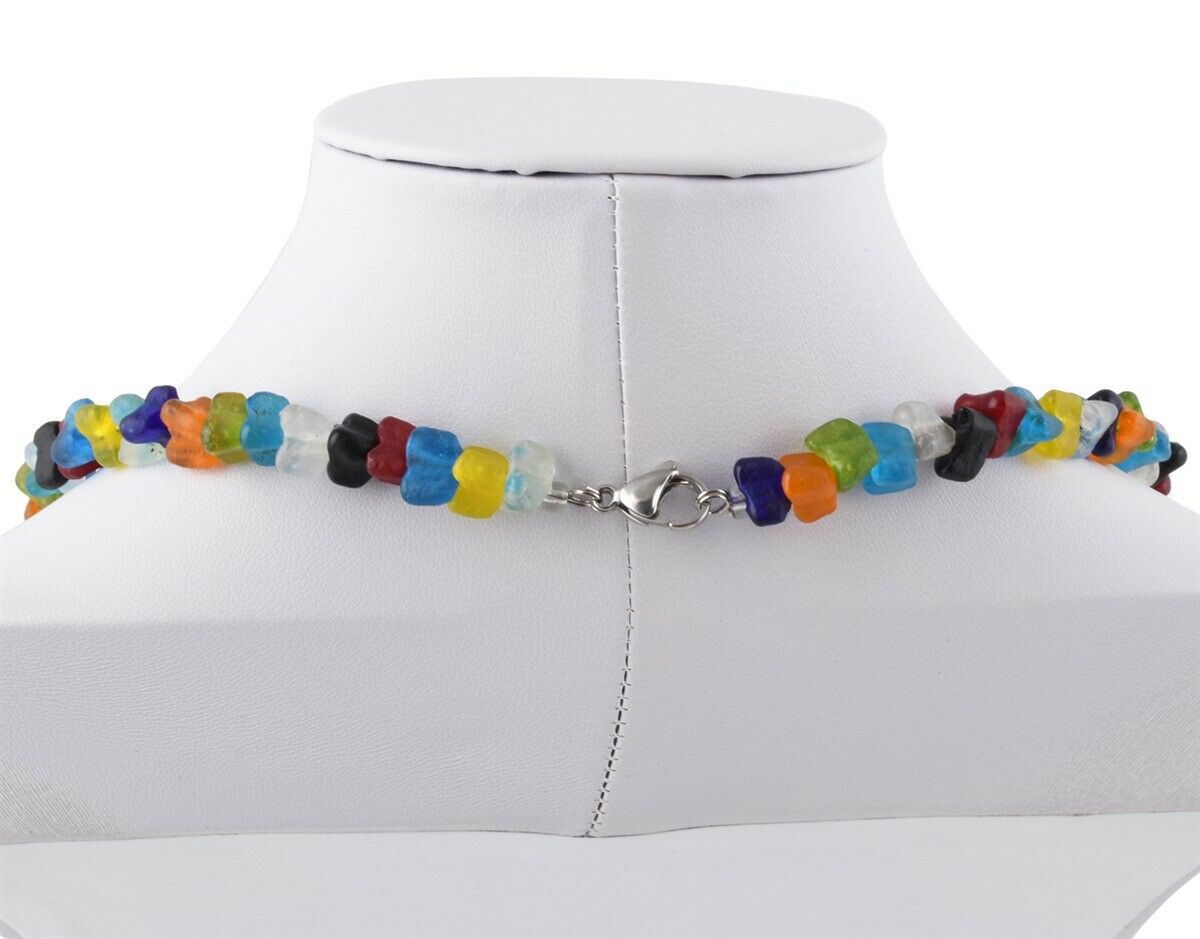 African Glass Trade Beads Handmade Necklace Choker Memory Wire Stainless Steel - close-up