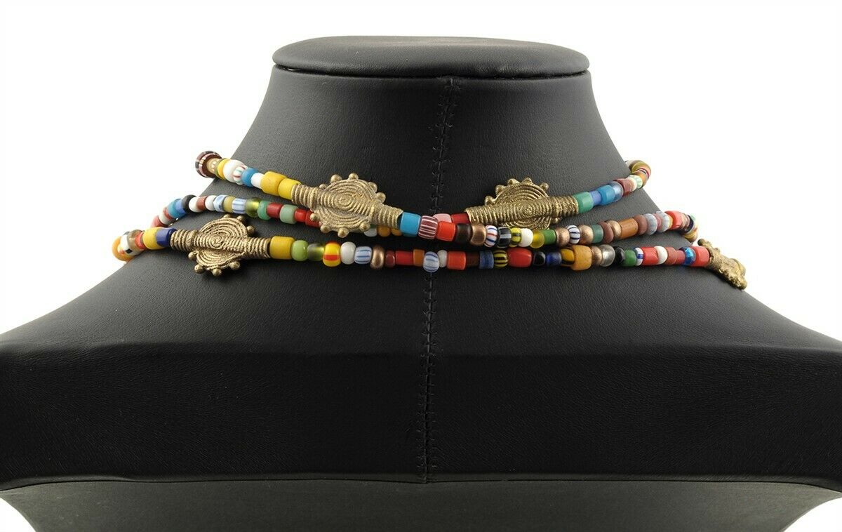 Old Christmas Glass Seed Beads Lariat Necklace African Brass Handmade Jewelry - close-up