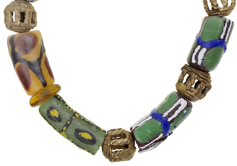 Handmade Beaded Bracelet - African Glass & Brass Beads - close-up