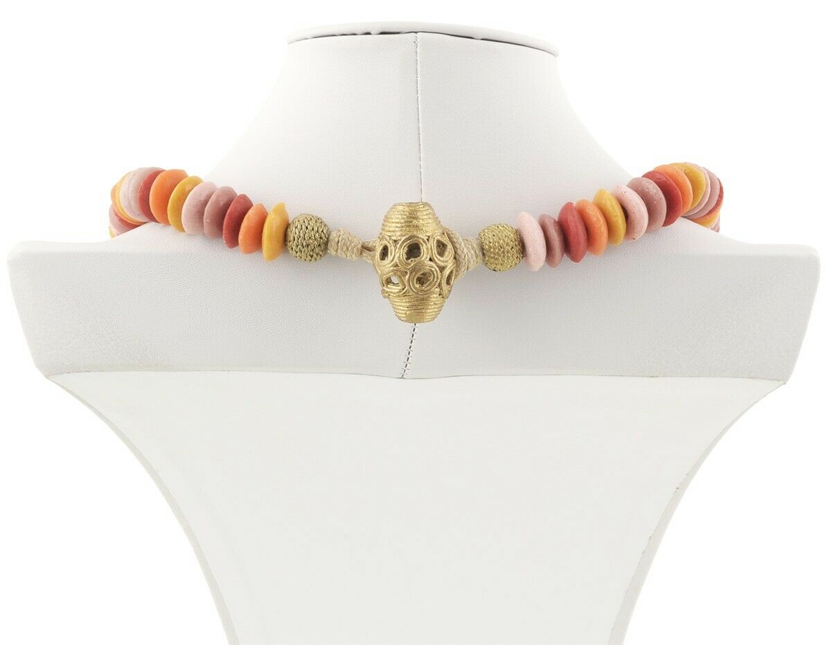 Handmade Recycled Glass Beads Brass Necklace African Krobo Ethnic Jewelry - zoomed-in detail