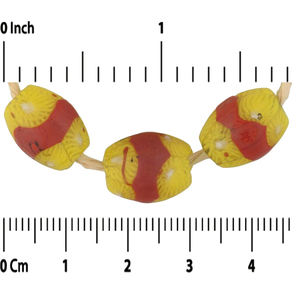 Antique Red Banded Oval Venetian Millefiori Mosaic Trade Beads - close-up