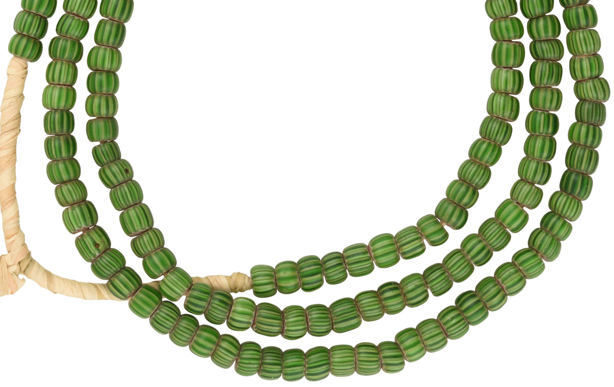 Antique Green Round 4-Layer Chevron Beads | Venetian Glass Strand - close-up