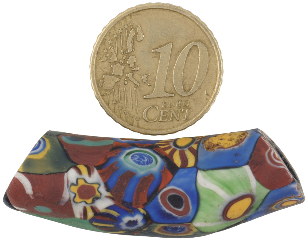 Rare Large Antique Elbow Venetian Millefiori Mosaic Trade Bead, 44Mm - close-up