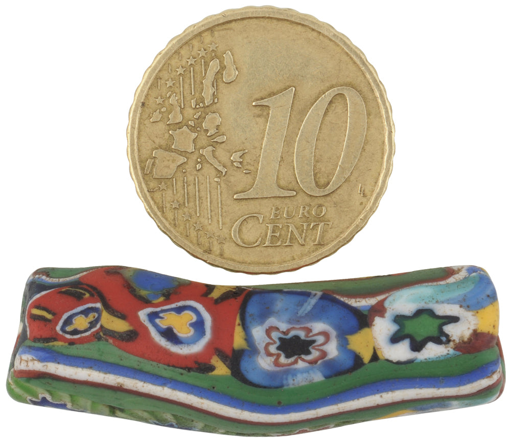 Rare Antique Multimurrine Elbow Venetian Millefiori Mosaic Glass Bead - African Trade - angled shot