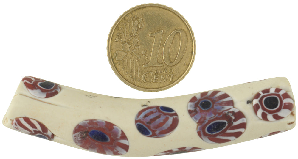 Antique Large Elbow Millefiori Venetian Mosaic Glass Trade Bead, 63X12Mm - alternate view
