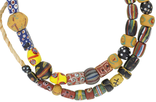 Antique Venetian Glass Trade Beads Strand, Eye, Millefiori & Chevron, 26" - alternate view
