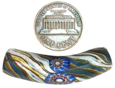 Rare Antique Elbow Millefiori Venetian Mosaic Glass Trade Bead, 40 X 10 Mm - zoomed-in detail