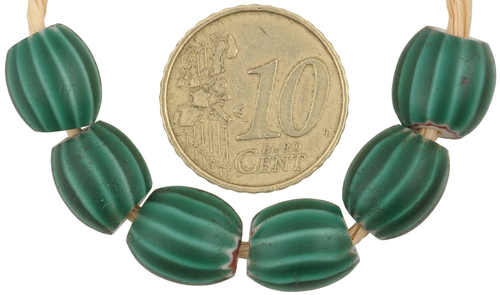 Old 4-Layer Green Chevron Beads - Large Antique Venetian Beads - close-up