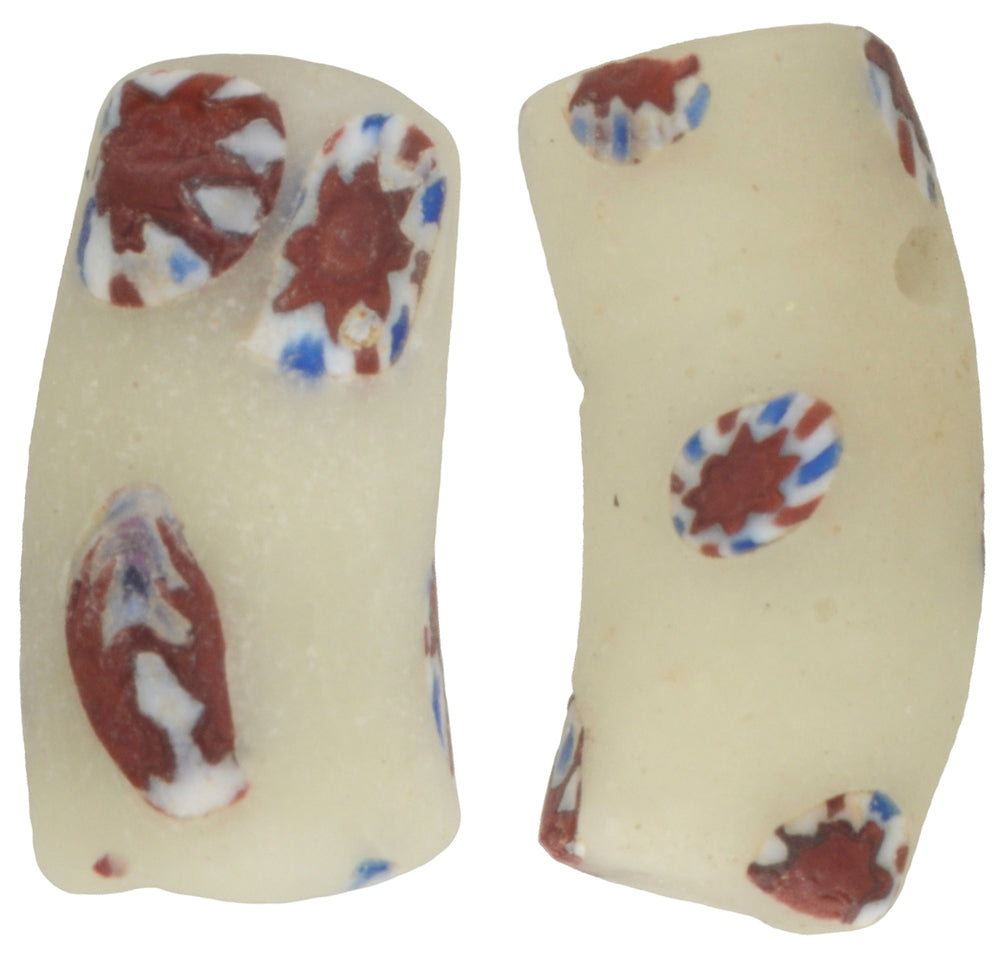 Antique Small Elbow Millefiori Venetian Glass Trade Beads - 17X8Mm - close-up