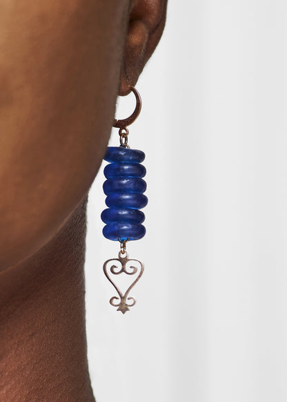 Handmade African Earrings & Adinkra Sankofa Pendant With Cobalt Blue Beads - zoomed-in detail