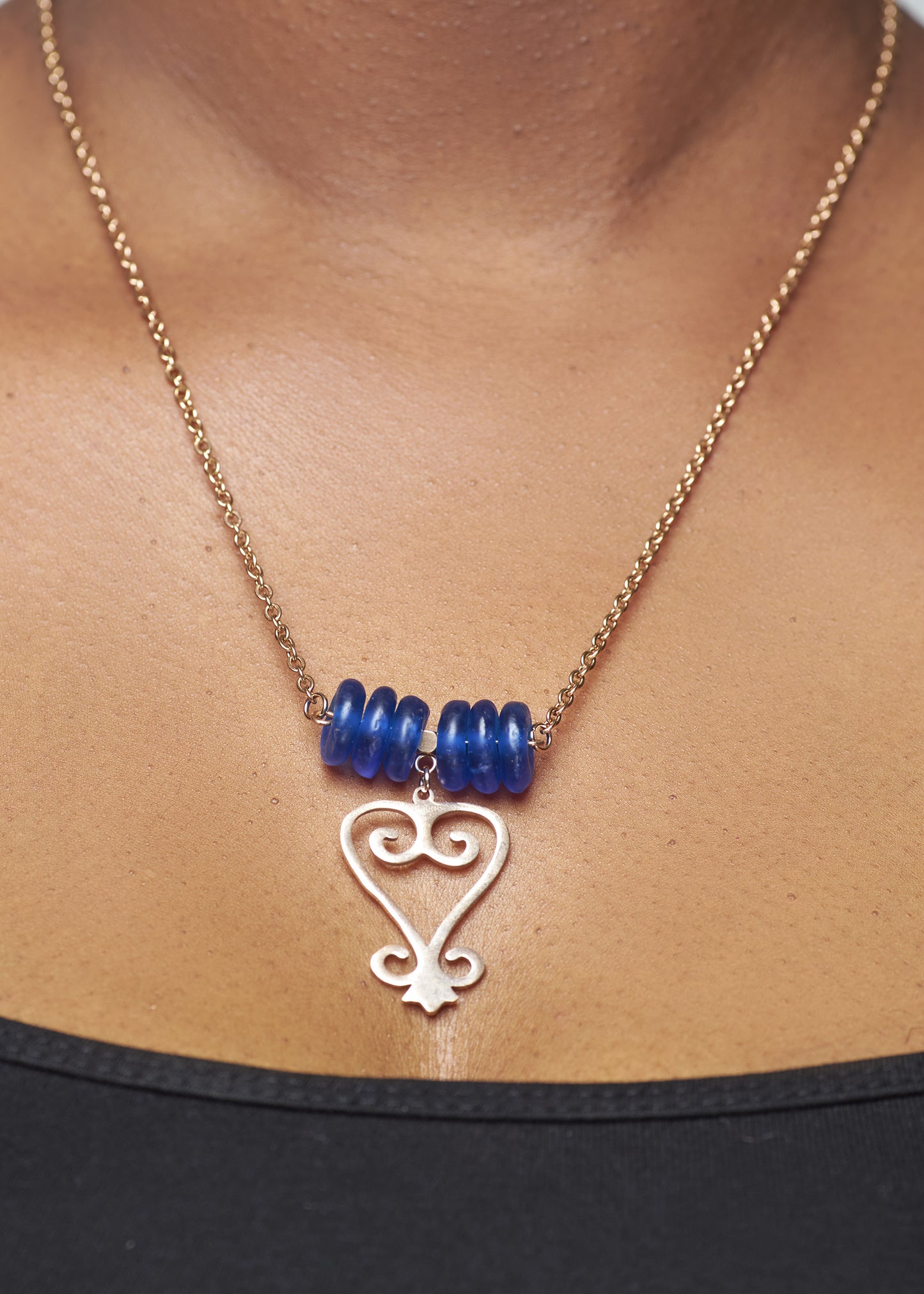 Handmade African Earrings & Adinkra Sankofa Pendant With Cobalt Blue Beads - alternate view
