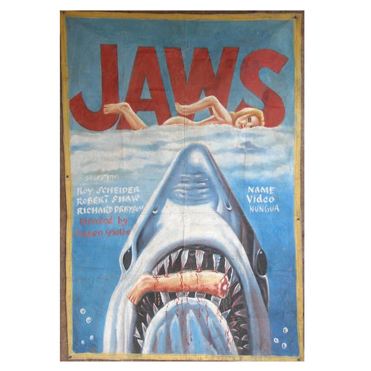 Jaws Movie Poster - Hand-Painted Horror Classic From Ghana - horror scene artwork