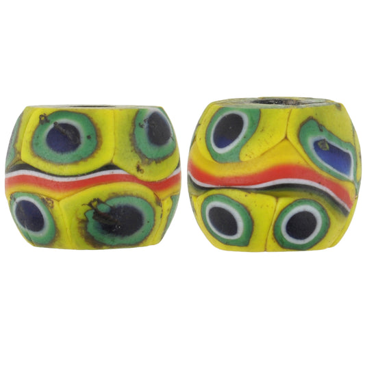Antique Venetian Banded Millefiori Mosaic Glass Trade Beads, 13Mm Pair