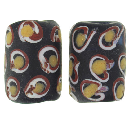 Antique Black Venetian Fancy Lampwork Glass Trade Beads - 15Mm Pair